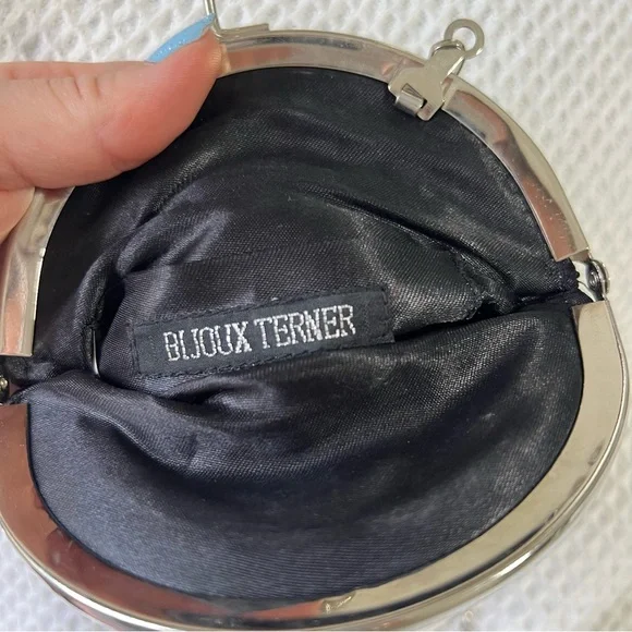 Vintage Bijoux Terner black beaded evening handbag shoulder bag kiss lock silver - Picture 14 of 14